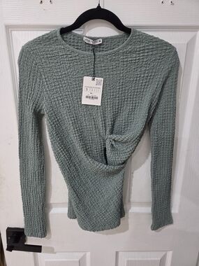 Zara Mint Sage Textured Twist-Front Long Sleeve Top Size Small